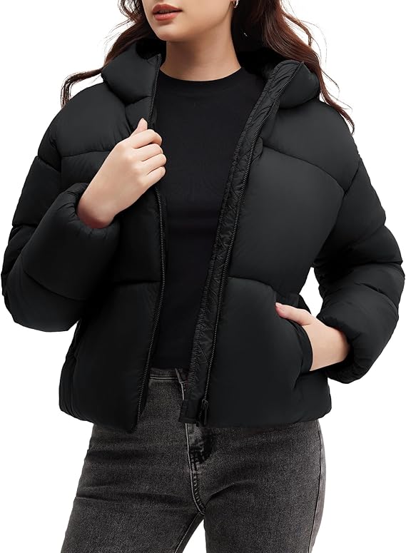 Polu Womens Cropped Puffer Jackets with Removable Hood Lightweight Winter Zip Up Padded Quilted Coat