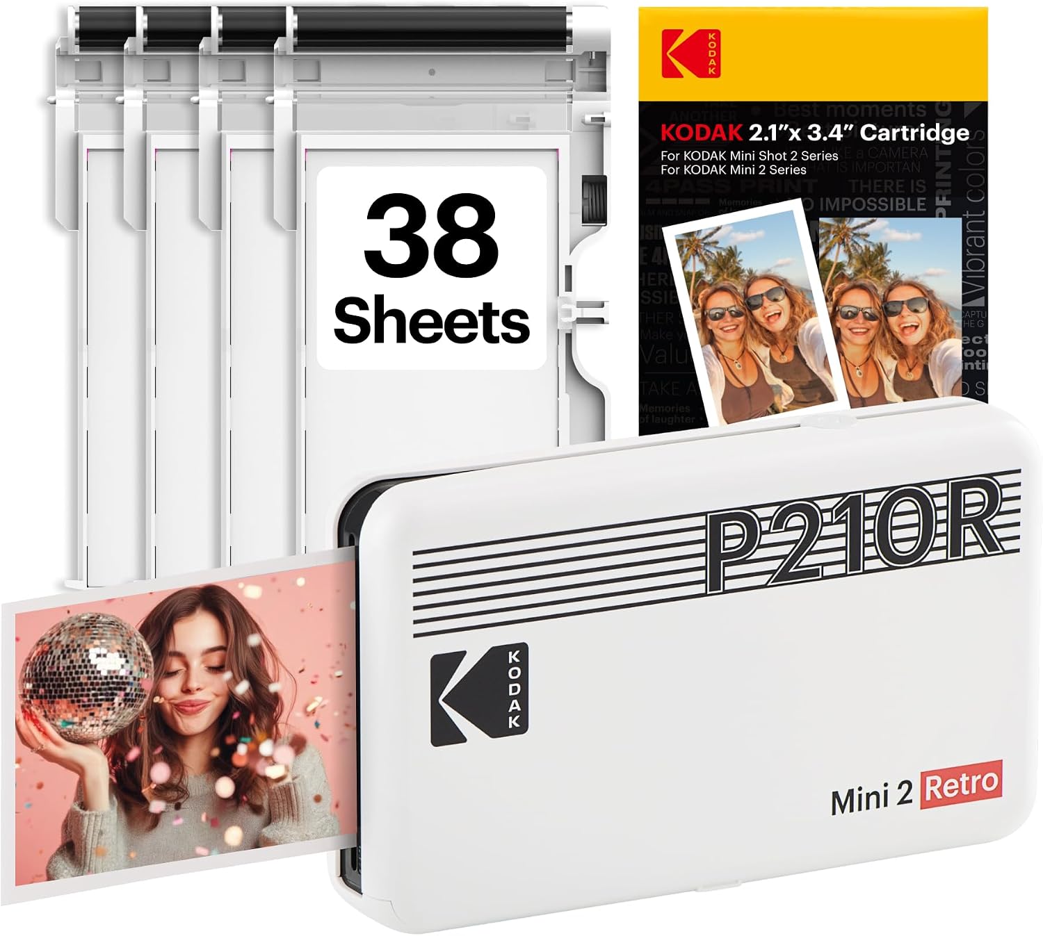 KODAK Mini 2 Retro 2x3 Mobile Photo Printer, 38 Sheets, Bluetooth Phone Printer Compatible With iOS & Android Smartphones, Instant Color Prints, 4PASS Dye Sublimation, White