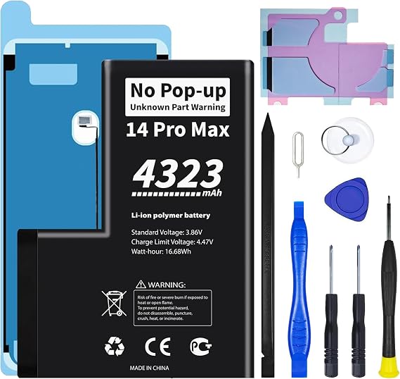No Pop-up Unknown Part Warning for iPhone 14 Pro Max Diagnostic Battery,Truthfully Rated 4323mAh Capacity Battery for iPhone 14 Pro Max with Full Tool Kit