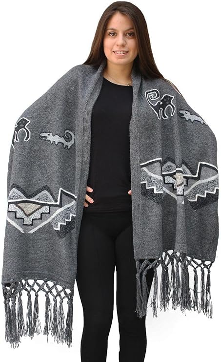 Superfine Alpaca Wool Intarsia Nazca Lines Handmade Shawl Wrap One Sz