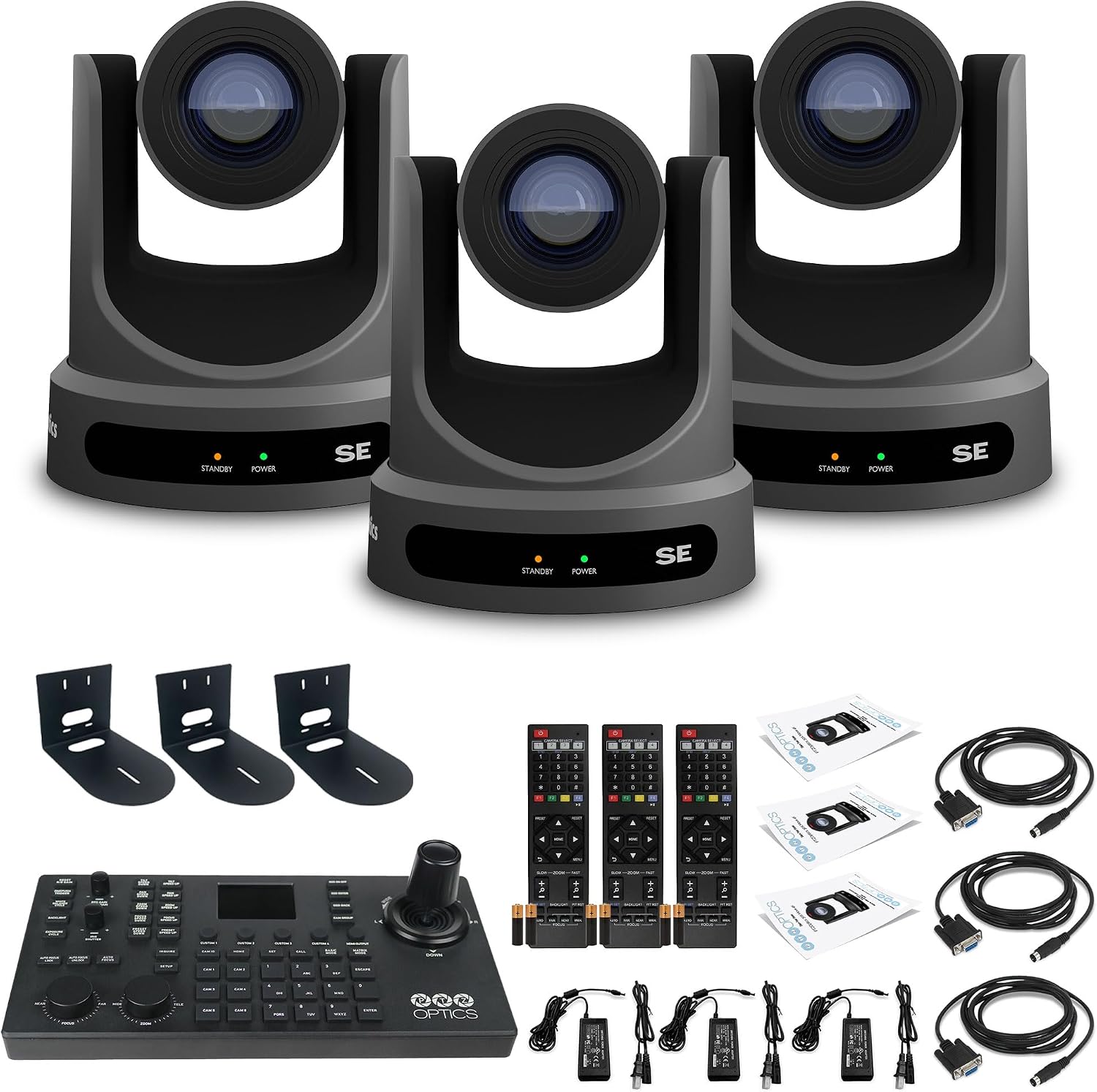 PTZOptics 3 x Move SE PTZ Camera Grey with 20x Optical Zoom  SuperJoy PTZ Camera Controller  3 x Wall Mount