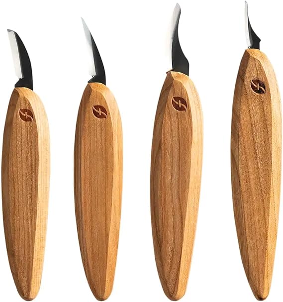 Flexcut Premium Series Wood Carving Tool Set, 4-Piece Kit with Cutting, Detail, Pelican, and Mini-Pelican Knives Plus Tool Roll, Ergonomic Cherry Wood Handles, USA Made