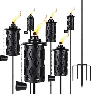 Upgraded 60 Inch Citronella Torches for Outside Set of 6, 16 Oz Outdoor Garden Torches with 5-Prong Grounded Stake, Metal Torch for Garden Decor, Outside Torches for Backyard, Garden, Patio