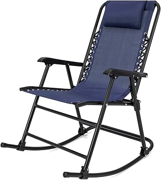 Portable Folding Rocking Chair Solid Powder-Coated Finish Steel Frame Comfortable Headrest Porch Rocker Zero Gravity Seats Outdoor Patio Decor Furniture - Blue #1924