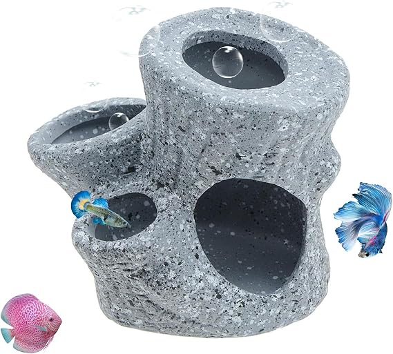 Ceramic Aquarium Cave Rock – 3-Hole Fish Tank Hideout for Cichlid, Shrimp & Small Fish – Natural Stone-Look Breeding Cave Decoration