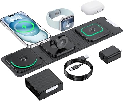 Wireless Charger for iPhone - 3 in 1 Charging Station for Apple Multiple Devices, Foldable Magnetic Mag-Safe Travel Charging Pad for iPhone 16 15 14 13 12 Pro Max Plus iwatch Watch & Airpods