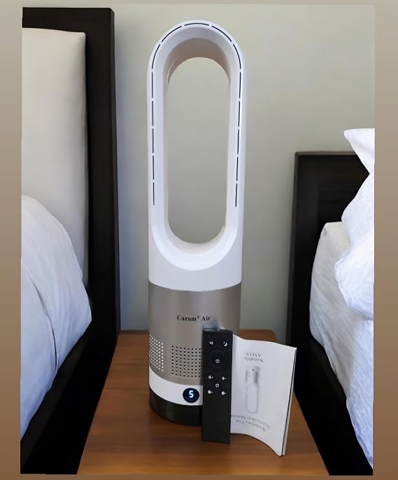 Generic Caram Air Bladeless Fan, 22"" Tower Fan with Touch and Remote, Quiet Operation, 8 Speeds, Timer, 90 Oscillating, LED Display, Easy to Clean for Bedroom, Living Room, Office. (Silver + White)