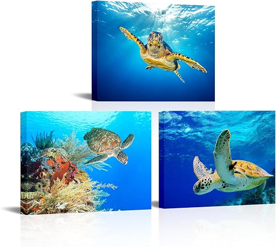 Visual Art Decor Turtles Picture Canvas Prints Underwater World Sea Life Decoration Wall Artwork Gallery Wrapped Ready to Hang for Coastal Sea Theme Room