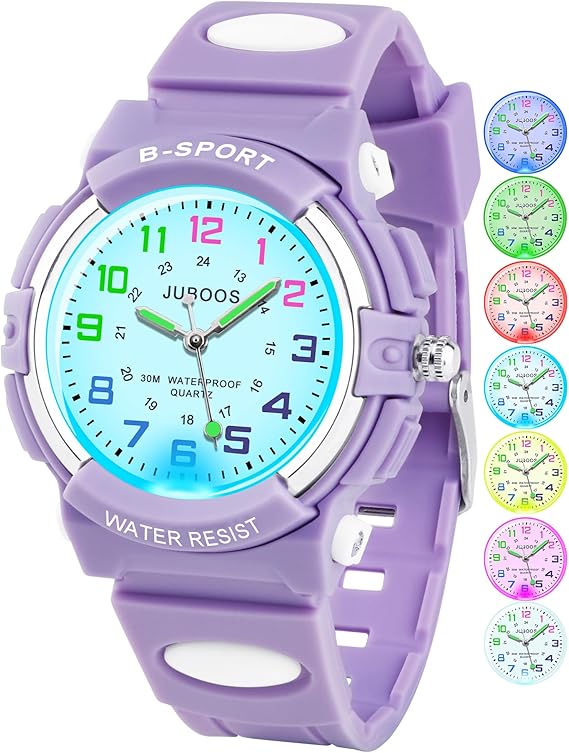 Juboos Kids Watches for Boys and Girls, 7 Color Dial Waterproof Analog Quartz Watch with Soft Band, Time Teaching Watch for Kids 5-16