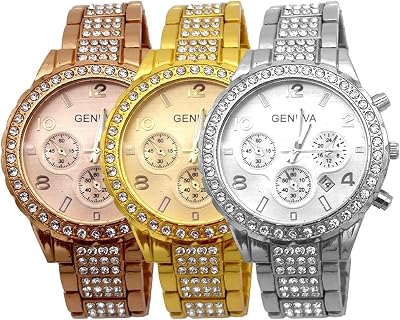 3 Pack Unisex Luxury Pave Floating Crystal Diamonds Digital Calendar Quartz Watch Rose Gold Silver Wrist Watches with Stainless Steel Link Bracelet