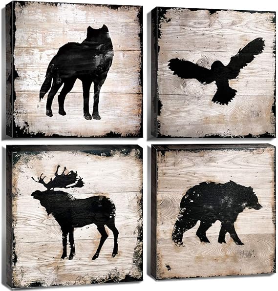 Rustic Animals Wall Decor Cabin Wildlife Silhouette Wall Art Woodland Bear Pictures for Living Room Farmhouse Moose Wolf Eagle Deer Canvas Poster Artwork Bedroom Lodge Nursery Home Decoration 12x12 4P