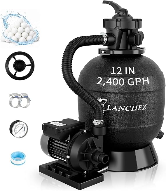 LANCHEZ Sand Filter Pump 12" 1/3HP for Above Ground Pool, 2400GPH Pool Pumps Above Ground, Pool Sand Filter with 7-Way Valve
