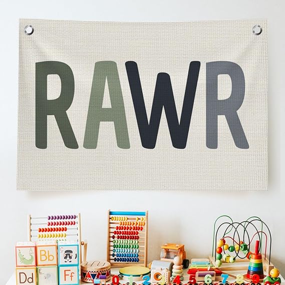 Funny Dinosaur Wall Decor for Boys Toddler, Green Dinosaur Banners Room Decor for Kids Bedroom Classroom Playroom, Rawr Canvas Banner Wall Hanging Banner Wall Flags Decor, 30x20 inchs