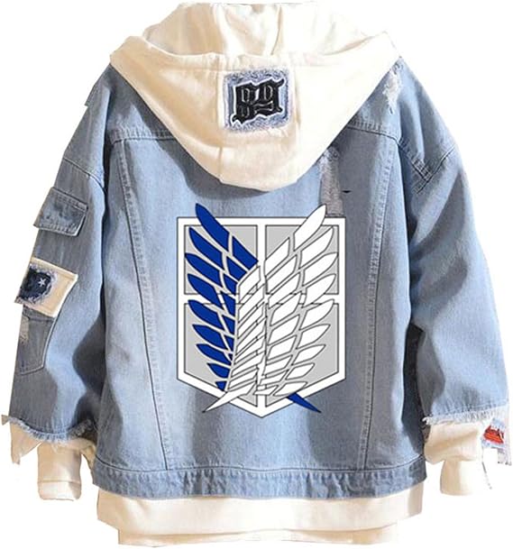 Anime Hoodie Denim Jacket Ripped Jean Jacket Women Men Long Sleeve Pullover Hooded Sweatshirt Coat, Blue, Size XL