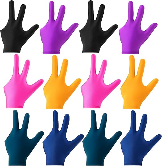 Pool Glove Left Hand and Right Hand, Billiards Glove, 12 Pack Gloves in 6 Colors (Black, Blue, Dark Green, Purple, Rose Red, Orange), Comfortable Fit for Enhanced Grip
