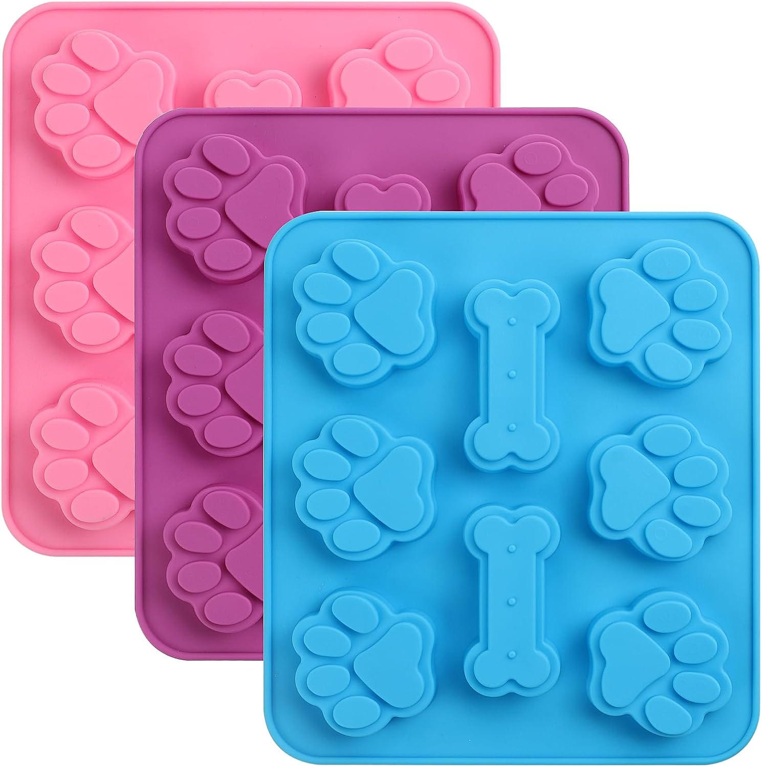 3 Pcs Dog Paw and Bone Silicone Molds, 3D Puppy Dog Paw Cake Moulds, Dog Bone Chocolate Mould, Paw Ice Cube Moulds, Non-Stick Food Grade Molds for Baking, Candy, Jelly, Ice Cube, Pudding, Pet Treats