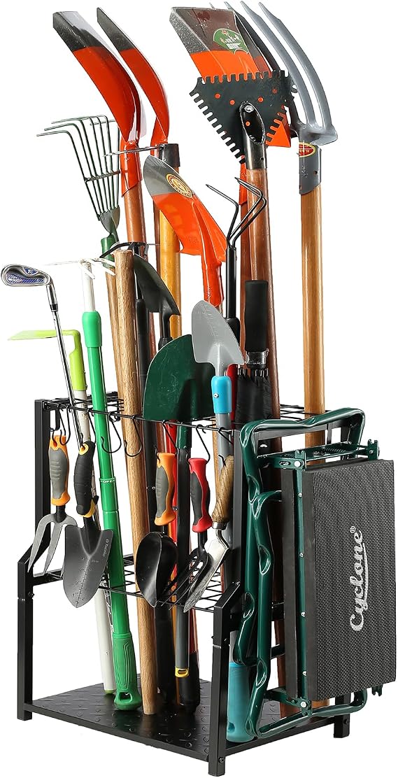 YueTong Garden Tool Organizer Heavy Duty,Yard Tool Tower Rack,Garage Storage Organization for Long Handle Tools,Rake,Brooms,Extra Hooks for Small Shovel,Shear,Kneeling Stool.All Metal&Black