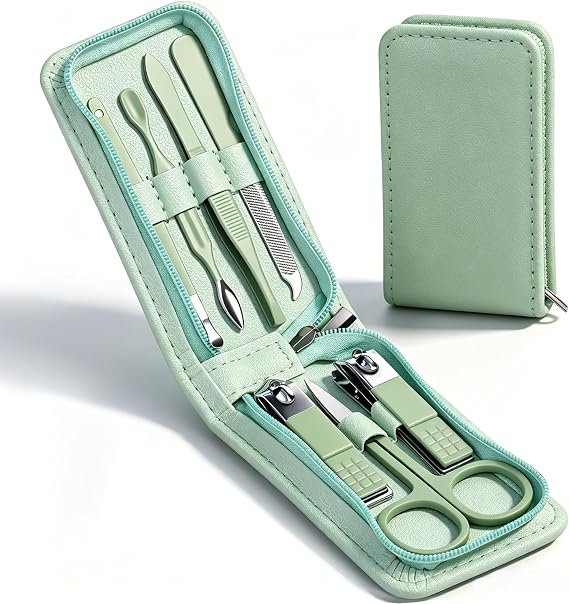 7 Pcs Manicure Set Stainless Steel Nail Clippers Nail Care Tools Beauty Tools Set With Professional Eyebrow Scissors Tweezers, Portable Travel Grooming Kit With Zipper Leather Case for Men and Women
