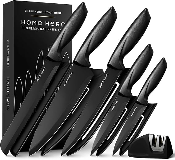 Home Hero 11-Piece Black Stainless Steel Kitchen Knife Set | Protective sheaths & 2-stage sharpener included; chef, bread, carving, utility & paring knives with ergonomic handles.