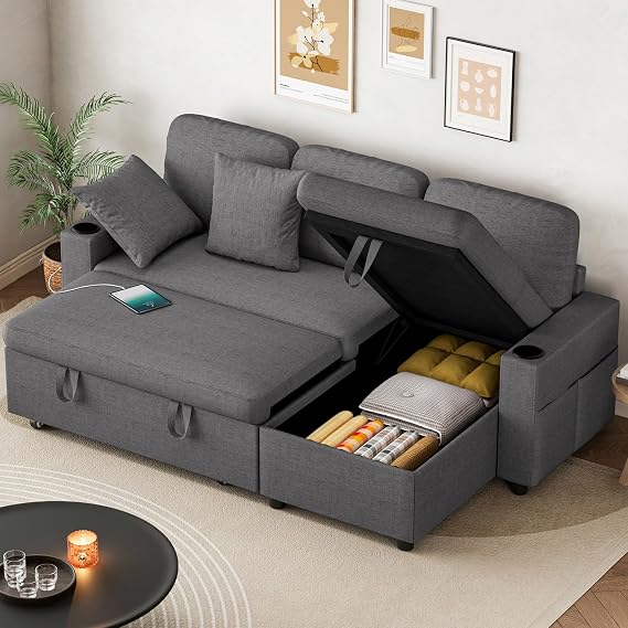 Corner Sofa Bed, L Shaped Pull Out Sleeper Sectional Couch Bed with USB & Type-C Ports, 3 in 1 Convertible Sofa Bed with Storage Chaise and 2 Cup Holders, 3 Seater Linen Sofa Couch for Living Room