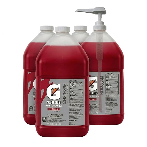 Gatorade Liquid Concentrate Drink Mix, Thirst Quencher Fruit Punch, 1 Gallon Bulk Sports Drink Syrup, Case of 4 Total 4 Gallons with Dispenser Pump