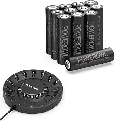 POWEROWL 16 Bay AA AAA Battery Charger Updated, High Speed Charging with Smart LED Light and Plug, Rechargeable AA Batteries 2800mAh -12 Count, for Solar Garden Lights, Battery String Lights, Outdoo