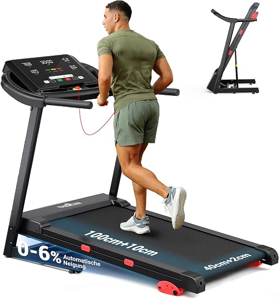 THERUN Treadmill for Home Foldable up to 14 km/h and 3.5 HP Treadmill Foldable with 12% Incline and LED Ambient Walking Pad for Office with 12 Training Programmes up to 180 kg 110 cm x 42 cm Steigung wahlweise 6% oder 12% LED-Ambientebeleuchtung 12 Trainingsprogramme bis 150 kg Lauffläche 110 x 40/42 cm