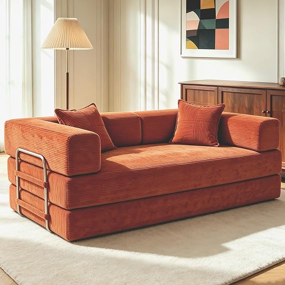 Vipbear 200cm Boneless Sofa Bed with Foam & Springs for Bedroom,Orange | Corduroy,5-in-1 Convertible