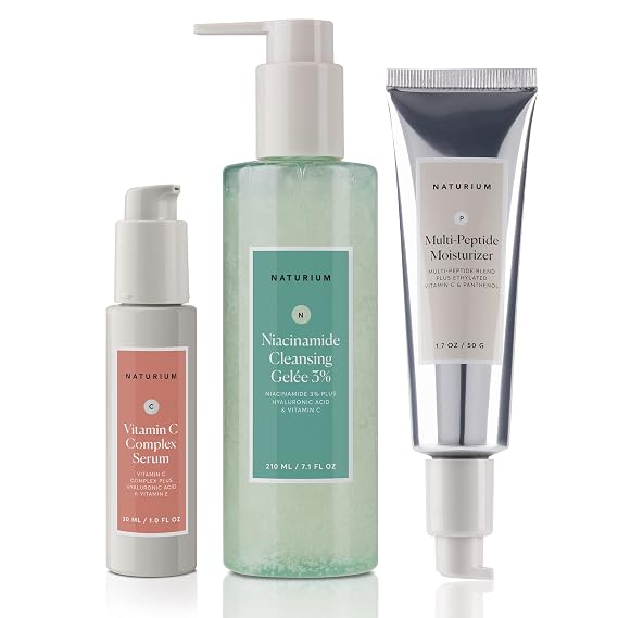 Naturium Starter Set, Vitamin C Complex Face Serum, Niacinamide Cleansing Gelee 3%, Multi-Peptide Moisturizer, Daily Skin Routine