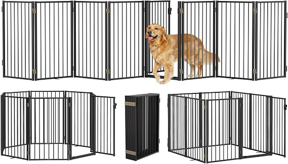 Metal Freestanding Dog Gates with Door for Outdoor Indoor,160'' Extra Wide 32'' Tall Free Standing Dog Gate for Doorways,Large Openings,Deck,Yard,Porch,Foldable Pet Fence(Black,8 Panels)