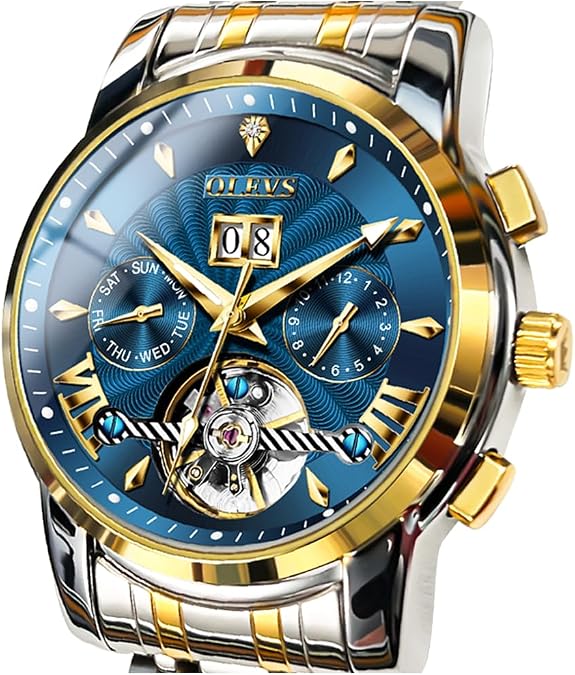 OLEVS Self Winding Watches for Men Automatic Mechanical Dress Tourbillon Stainless Steel Dual Calendar Waterproof Luminous Wrist Watch