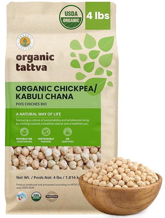 Organic Tattva Whole Chickpeas, 4 lbs, Kabuli Chana, Garbanzo Beans Dried | USDA Certified, Natural, High Protein, Unpolished, Kosher, No Additives, Great for Hummus, Soups, Salads & Curries