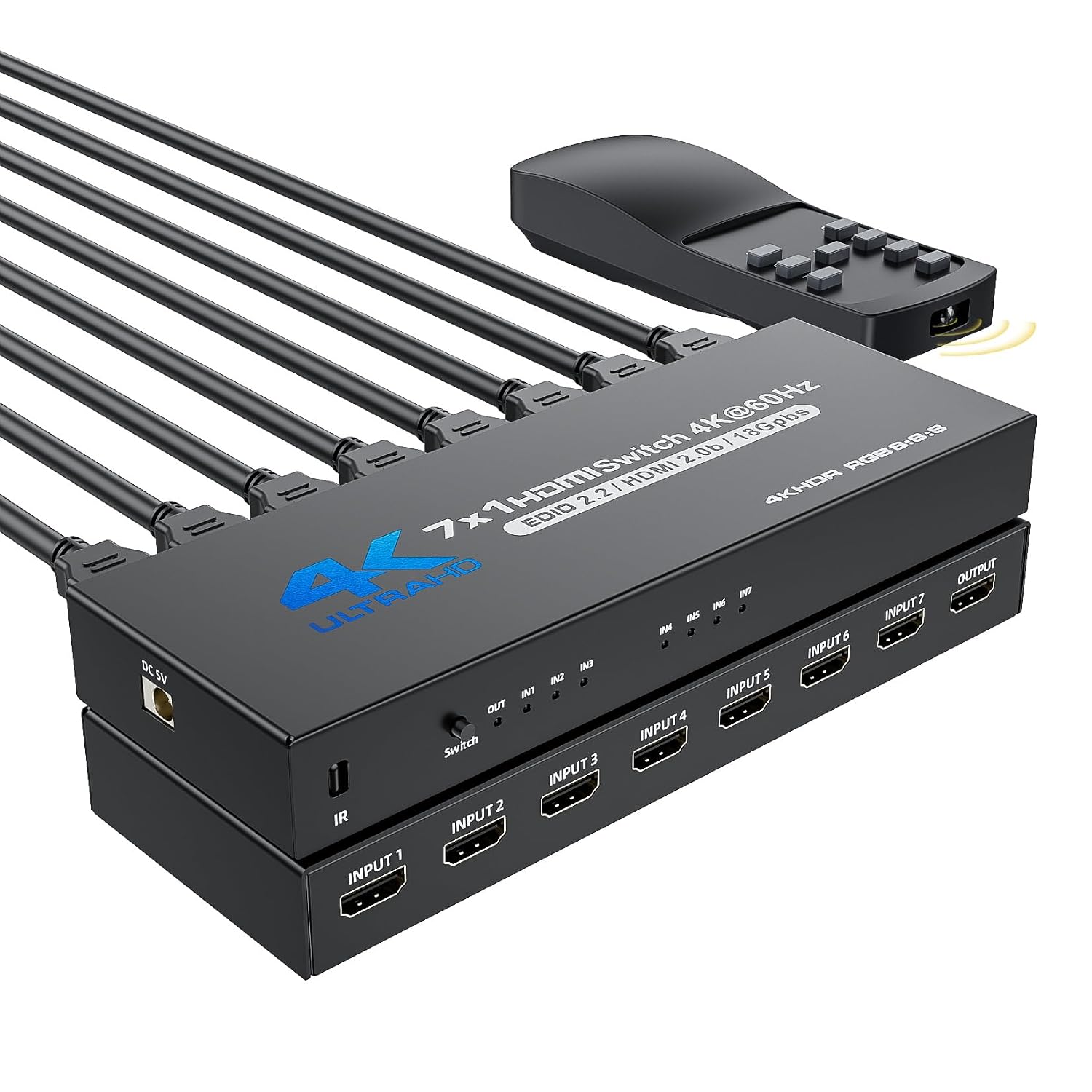 HDMI Switch 7 in 1 Out 4K@60Hz, BolAAzuL HDMI to HDMI Port Expander HDMI Hub Video Switcher Selector with Remote, Support 3D, HDCP2.2, HDR for PS5, Xbox Series X, HDTV, PC - wPower Supply