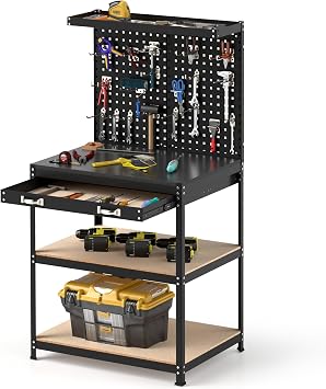 Workbench with Pegboard, 32" x 16" Work Table with Drawer, Open Shelves & Hanging Accessories, Heavy Duty Work Bench Workstation for Garage, Workshop, Warehouse & Home (Black)