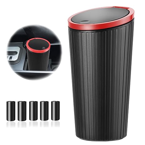 Car Rubbish Bin with Lid, Small Car Rubbish Bin Interior, Waterproof & Odour-Inhibiting, with Bin Bag, Practical Mini Bin for Cars, Home, Office, Bedroom (Red)