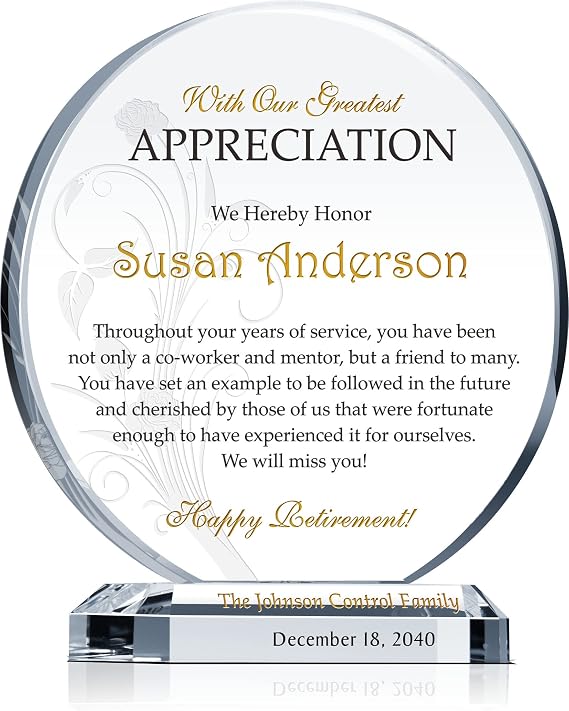 Custom Crystal Retirement Plaque Personalized Gift for Coworker, Colleague, or Employee (M - 6.5")