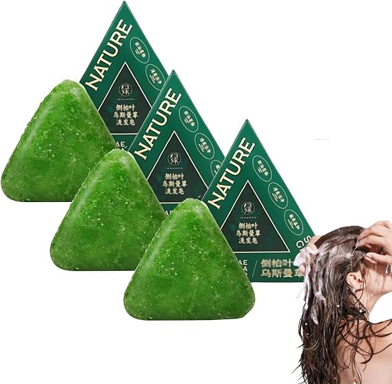Nature Triangle Shampoo Bar, Nature Green Soap Shampoo, Gentle Cleansing, Strengthen Hair, And Improve Frizziness Hair for Women and Mens (3PC)