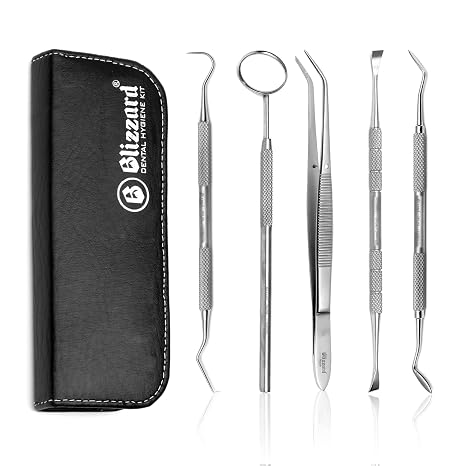 Dental Tools by Blizzard - Plaque Remover for Teeth - Professional Dental Hygiene Cleaning Kit 5-Pcs, German Stainless Steel Oral Care Set with Tweezer, Tartar Scalar, Mouth Mirror, Travel Case