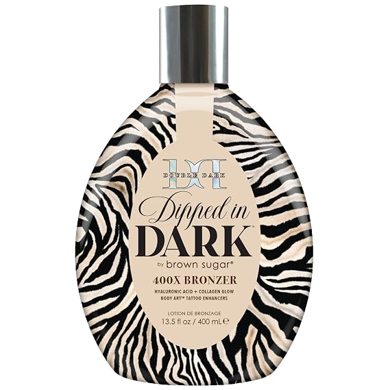 Brown Sugar Double Dark Dipped in Dark 400X Bronzer Lotion, 13.5 Fl Oz | Plateau-busting tanning bronzers with hyaluronic acid, collagen & tattoo enhancers, airbrushed look, Papaya Coconut scent