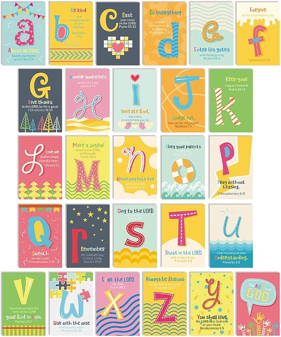 LHIUEM ABC's of God Scripture Wall Collage Kit, Bible Verse Wall Art,Set of 27 (4 X 6 Inch) Alphabet Scripture Cards,Inspirational Poster, Christian Kids Wall Kit For Classroom Playroom Wall Decor