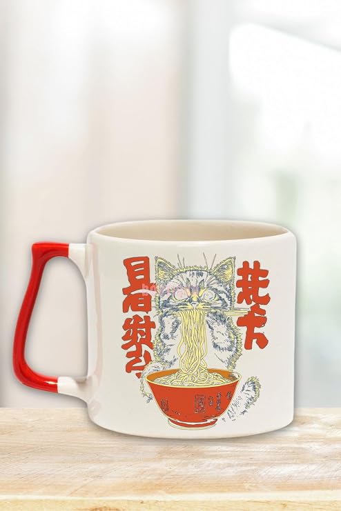 Ramen Kedi Noodle 2 Baskılı Sevimli Japon Manga Doğum Günü Hediye Kırmızı Kulplu Kupa Bardak, QBT5290