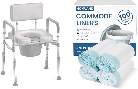 HOMLAND Bedside Commode with Padded Seat and Backrest, with 100 Pack Commode Liners