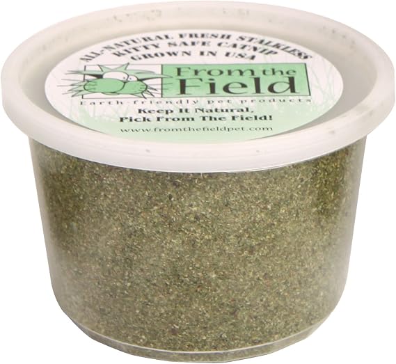 from The Field | Fine Ground Stalkless Catnip | Premium USA-Grown Catnip for Toys & Playtime | Fresh, Potent, Non-Toxic, Eco-Friendly | Safe for Kittens & Cats | Resealable 3.5 oz Tub