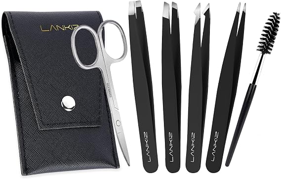 LANKIZ Tweezer Set, 6 Pcs Eyebrows Tweezers Set with Travel Case Professional Stainless Steel Tweezers for Women & Men, Great Precision for Eyebrow, Ingrown Hair, Facial Hair Removal - Black