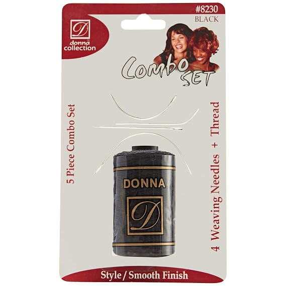 DONNA Weaving Needle & Thread Combo Set 4 Curved & Straight Weaving Needles + Strong Black Weaving Thread for Sew-In, Wig Making, Hair Extensions, Braiding & Styling 5 PCS