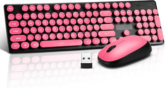 Wireless Keyboard and Mouse Combo, Full Size Compact Quiet Wireless Keyboard and Mouse Set 2.4G Ultra-Thin Sleek Design for Windows, Desktop, PC, Notebook, Laptop,Round Keys Rose Red with Punk