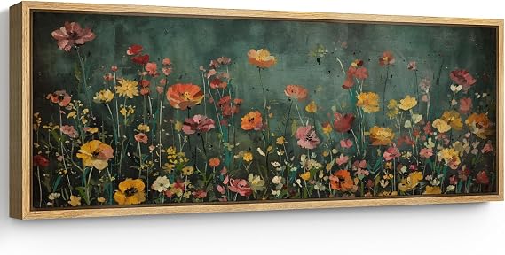 SIGNFORD Large Framed Canvas Print Wall Art Rustic Floral Field Vintage-Inspired Floral Illustrations Modern Art Relax/Calm Warm for Living Room, Bedroom, Office - 60"x20"
