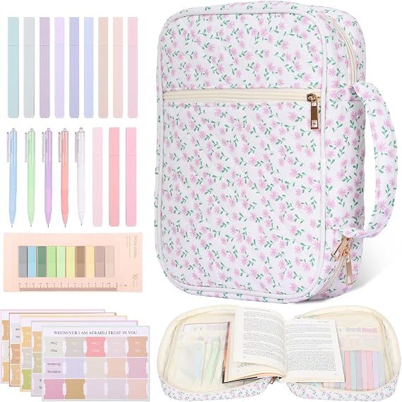 Bible Study Supplies with Bible Case, 12 Colored Highlighters, 5 Ballpoint Pens, 75 Bookmarks, 200 Labels, Large Capacity Book Carrying Cover Case for Women Christian Gifts(Pink Small Floral Pattern)