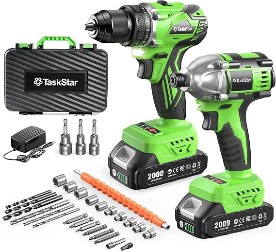 Taskstar 21V Cordless Drill & Impact Driver Combo Kit for DIY Home | Brushless motor, 22.0Ah batteries & charger, 42-pcs accessory, case, for home improvement, woodworking, auto repair