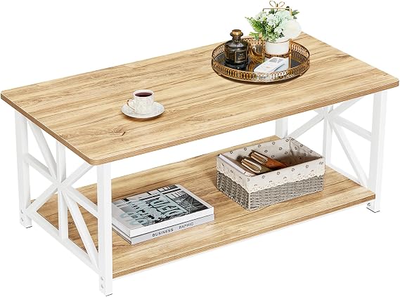 GreenForest 2-Tier Coffee Table, 100cm Round Corner for Small Space, Oak